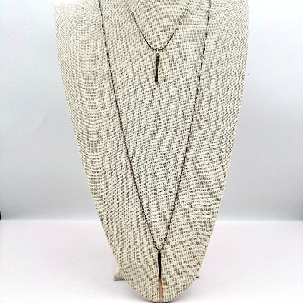 Vintage 90s Y2K Gold Tone Double Layer Bar Pendant Necklace Minimalist Geometric